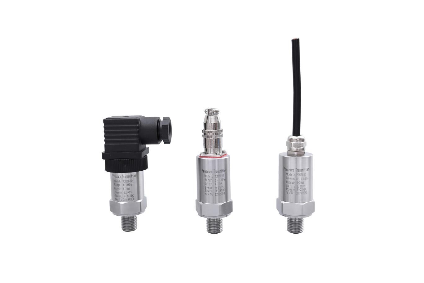 PCM300系列壓力變送器為不銹鋼圓筒外殼，采用直接引線或國際通用的DIN43650赫斯曼接線盒。外殼防護等級高，因為其精巧的外形，主要適用于室內及機械設備的配套上，廣泛應用于對各種氣體、液體和蒸汽的壓力、液位的自動化檢測和控制中，測量范圍廣、精度高、穩定性好、性能可靠、安裝使用方便等特點，具有反向極性保護、防雷擊性能好，抗射頻干擾能力強。該產品廣泛應用于石油、化工、冶金、航空、航天、醫療設備、車輛、制冷機、壓縮機等行業的過程控制及測量。